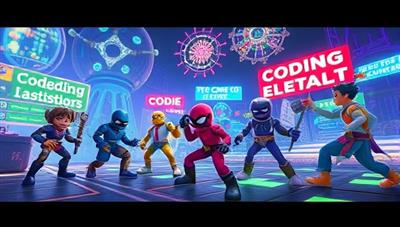 An exciting visual of a virtual coding world where characters representing different coding languages engage in challenges and quests, with vibrant colors and futuristic elements highlighting the immersive and gamified nature of CodeQuest.