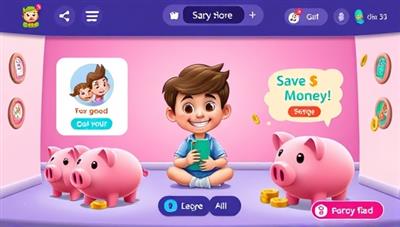 A colorful and playful digital interface showing a cartoon character teaching a child about saving money, surrounded by virtual piggy banks and coins, representing a fun and educational financial experience.