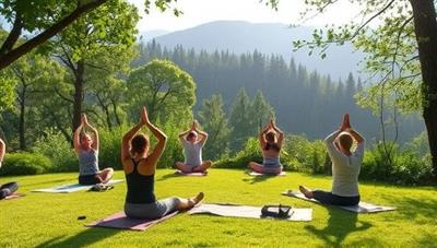 An idyllic retreat setting surrounded by nature, with participants engaged in yoga poses, group discussions, and mindfulness exercises, conveying a serene and rejuvenating atmosphere at ZenCom Retreat for disconnecting from technology and recharging mindfully.