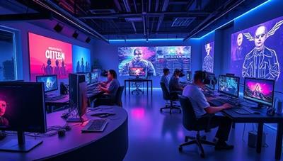 An immersive virtual game development studio environment with digital workstations, creative tools, and collaborative spaces where virtual avatars are designing and testing virtual reality games, capturing the dynamic and innovative spirit of virtual game development.