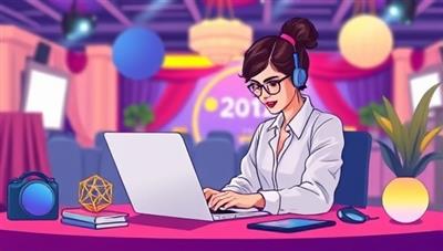 A dynamic digital illustration of a virtual event planner working on a laptop, surrounded by event decor elements, tech gadgets, and a vibrant virtual event backdrop, capturing the essence of creativity and professionalism in online event planning.