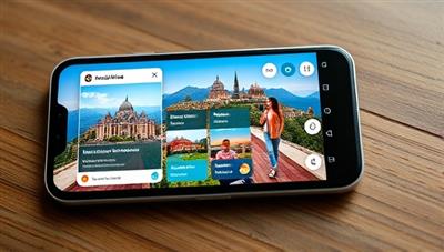 A smartphone displaying the WanderWise AI app interface, with virtual travel guides presenting destination highlights, accommodation options, and activity recommendations, alongside travel enthusiasts exploring new destinations and sharing travel experiences, evoking a sense of wanderlust and adventure in a digital world.