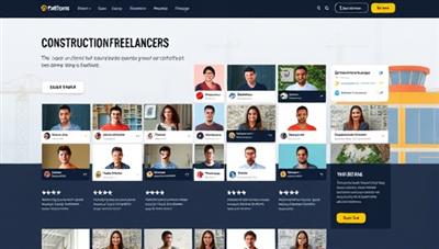 A visually engaging platform interface showcasing a diverse pool of construction freelancers with their specialties and portfolios, alongside client testimonials and project success stories, creating a vibrant marketplace for connecting skilled professionals with project opportunities in the construction industry.