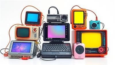 An artistic representation of old electronic devices being transformed into vibrant and functional gadgets, symbolizing the concept of tech upcycling and sustainability in a visually appealing manner.
