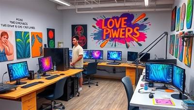 A modern studio space filled with computers, digital art tools, and colorful artwork created by teens, showcasing a blend of technology and creativity, with inspirational quotes on the walls and a vibrant atmosphere that sparks innovation.