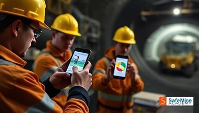 An engaging visual of miners using smartphones to access the SafeMine Academy app, participating in virtual safety simulations and interactive quizzes, with a backdrop of a mine site emphasizing the practicality and effectiveness of mobile safety training.