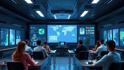 A futuristic virtual classroom setting with AI-powered language tutors interacting with diverse students from around the world, showcasing an immersive and tech-savvy language learning experience.