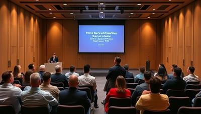 A virtual conference hall setting within the platform interface, featuring professional speakers delivering career development workshops to an engaged audience of professionals, with interactive Q&A sessions and networking opportunities, creating a dynamic and immersive learning environment.