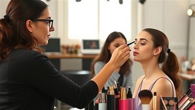 An engaging virtual beauty masterclass setting with a professional makeup artist demonstrating techniques on a model, surrounded by beauty tools and products, creating a dynamic and educational atmosphere for participants.