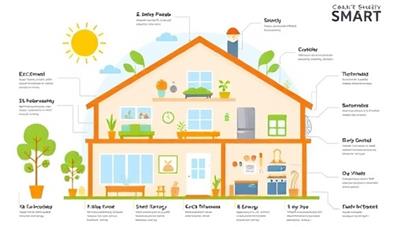 A visually appealing infographic illustrating a smart home layout with eco-friendly features like solar panels, smart thermostats, and energy-efficient appliances, showcasing a modern and sustainable living environment.