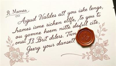 A beautifully crafted handwritten letter with elegant calligraphy, sealed with a wax stamp, and adorned with floral motifs, conveying a sense of nostalgia and personal touch.