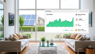 A modern living room setting with smart devices connected to the EcoSync Home system, displaying real-time energy usage data on a sleek dashboard, with solar panels visible outside the window, illustrating a sustainable and tech-savvy lifestyle.