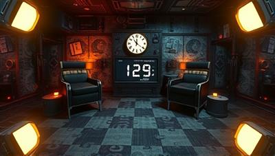 An immersive virtual reality escape room setting with intricate puzzles, mysterious clues, and a countdown timer, creating a sense of urgency and excitement for players as they work together to escape and unlock new challenges.