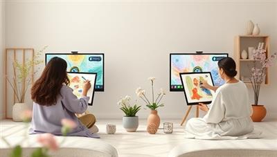 A serene visual representation of a virtual art therapy workshop, with participants engaging in therapeutic art activities on their screens, surrounded by calming nature elements and soothing colors, conveying a sense of healing and self-discovery through art.