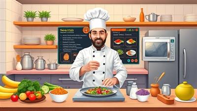 An appetizing digital illustration of a virtual cooking class setup, featuring a professional chef demonstrating a recipe in a vibrant kitchen setting with fresh ingredients, cooking utensils, and a digital display of culinary steps, inviting participants to engage in a delicious culinary experience, symbolizing creativity and gastronomic delight.