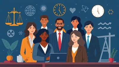An illustration of a diverse group of legal professionals and clients coming together in a virtual space, surrounded by symbols of justice and equality, symbolizing the unity and collaboration in providing pro bono legal services through the online platform.