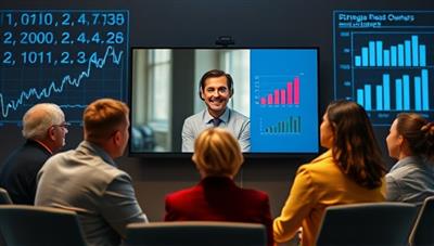 An artistic representation of a virtual CFO providing guidance to a group of diverse business owners via a video call, with financial charts and graphs projected in the background, symbolizing strategic financial planning and collaboration.