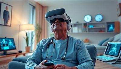 An immersive virtual reality environment showcasing a patient participating in a clinical trial from the comfort of their home, surrounded by digital health monitoring devices and a virtual research team, illustrating the future of remote healthcare research.