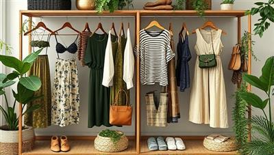 An artistic digital collage showcasing a diverse range of sustainable fashion pieces, eco-friendly accessories, and ethically sourced garments displayed in a virtual wardrobe setting, surrounded by greenery and nature-inspired elements, reflecting the eco-conscious ethos of EcoChic Collective's virtual sustainable fashion marketplace.