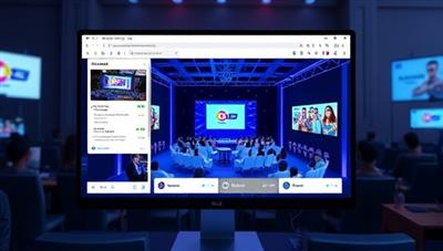 A dynamic virtual event setup displayed on a computer screen with a customizable digital venue layout, interactive engagement features, and real-time attendee interactions, illustrating the versatility and immersive nature of virtual event planning through the platform.