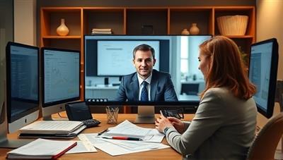 A virtual meeting scene with a tax professional guiding a client through a tax audit process via video call, surrounded by tax documents and computer screens, highlighting expertise and support in challenging tax situations.