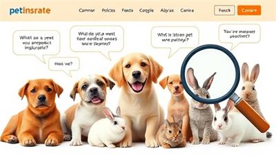 An inviting website layout showcasing a variety of pets, including dogs, cats, and rabbits, with speech bubbles highlighting common insurance questions and a magnifying glass symbolizing the platform's in-depth analysis and comparison of pet insurance policies, conveying trust and expertise in the field.