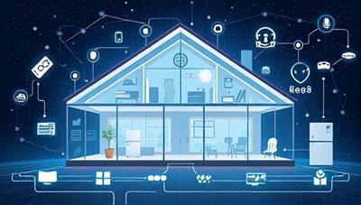 A futuristic illustration of a smart home ecosystem with interconnected IoT devices, sensors, and smart appliances, showcasing the seamless integration of technology for automated home maintenance and optimization, with a tagline 