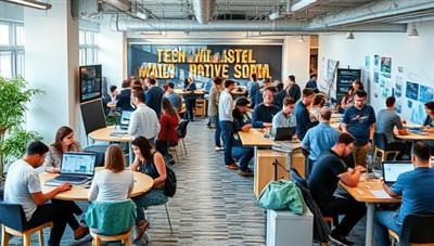 A modern and vibrant co-working space filled with tech professionals collaborating on projects, attending workshops, and networking, showcasing the dynamic and innovative atmosphere of the Tech-Focused Co-Working Space.