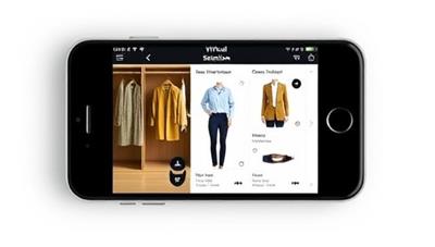 An elegant smartphone screen displaying a virtual wardrobe selection interface with outfit suggestions and personalized style recommendations, reflecting a seamless and efficient fashion assistance experience.