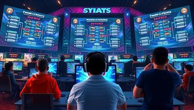 A dynamic visual depicting diverse gamers competing in a virtual arena, surrounded by digital screens displaying game scores and tournament brackets, capturing the intensity and excitement of competitive online gaming.