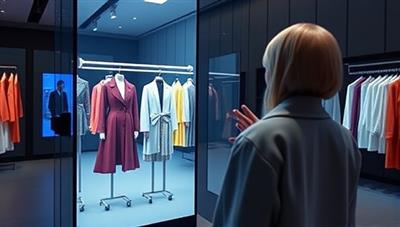 An AI-powered virtual fitting room where a user interacts with a digital mirror displaying various outfit suggestions based on their style preferences, creating a futuristic and engaging shopping experience.