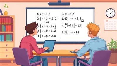 An illustrative depiction of a virtual classroom setting where a student and a math tutor interact through a digital whiteboard, solving equations and discussing math problems, creating a dynamic and engaging learning environment.