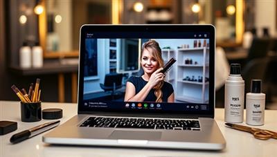 A laptop screen displaying a virtual hairstyling class with a hairstylist demonstrating a trendy hairstyle, surrounded by hair tools, products, and a stylish salon backdrop, showcasing the interactive and educational nature of the classes.