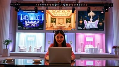 An engaging visual of a virtual event planner collaborating with clients through a digital platform, showcasing virtual venue options, decor designs, and interactive event features, highlighting the platform's versatility and customization options.