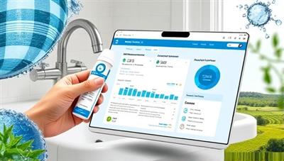 An online water testing kit being used by a homeowner to collect a sample from their faucet, with a digital interface displaying water quality data and treatment recommendations, surrounded by images of clean, flowing water sources and green landscapes, symbolizing purity and safety.