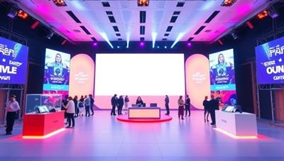 An immersive virtual event setup with a digital stage, interactive booths, and live streaming capabilities, showcasing the possibilities of virtual event experiences and the flexibility of hosting events in a digital environment.