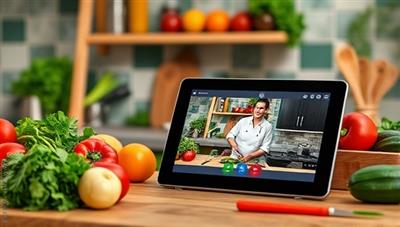 A vibrant kitchen setting with fresh ingredients, cooking utensils, and a digital tablet displaying a live cooking class with a chef instructing participants, conveying the interactive and immersive culinary experience offered by CulinaryCraft Connect.