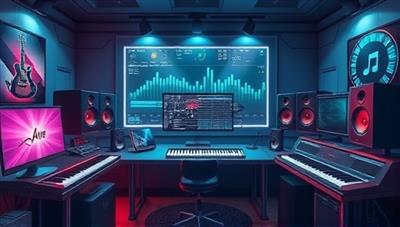 A visually appealing graphic representation of a virtual music studio environment, with digital music instruments, sound mixing tools, and creative elements symbolizing music composition and production, inspiring a sense of artistic exploration and innovation.