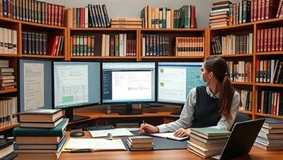 A professional working at a desk surrounded by legal books and research materials, with multiple computer screens displaying legal databases and research tools, illustrating a focused and efficient legal research assistance setup for clients.
