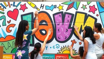 A vibrant and colorful mural being created by a diverse group of people, each contributing a unique element to the artwork, symbolizing collaboration and creativity in a community setting.