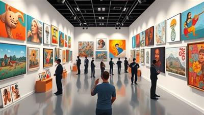 A visually stunning 3D representation of a virtual art gallery filled with vibrant and diverse artworks, with digital avatars exploring the space and engaging with the art, capturing the immersive and interactive nature of the virtual art exhibitions hosted on the platform.