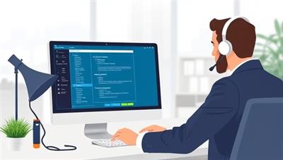 An illustration of a legal tech support specialist assisting a lawyer with software troubleshooting on a computer screen, with a virtual IT helpdesk background, conveying prompt and professional technical support tailored to legal professionals.