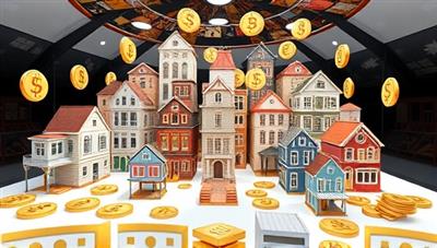 An innovative virtual reality representation of a diverse real estate portfolio, with digital tokens representing individual property investments, creating an immersive and engaging visualization of the crowdfunding platform's offerings.