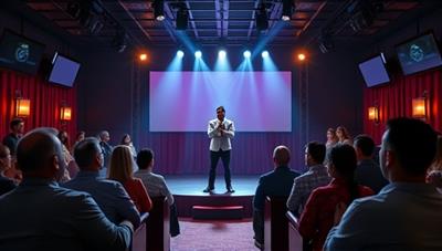 A lively virtual comedy club setting with a stage, audience members laughing, and a comedian delivering a stand-up performance, capturing the essence of a live comedy show in a digital space.