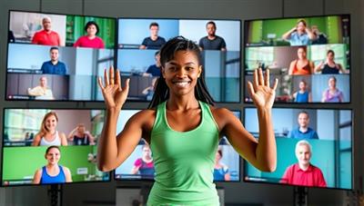 A vibrant and energetic image of a virtual fitness coach leading an interactive workout session with diverse participants on screens, showcasing community spirit and active engagement.