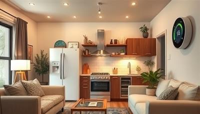 A cozy home interior with energy-efficient appliances and smart home devices, showcasing comfort and sustainability, with a focus on LED lighting, eco-friendly materials, and a modern, energy-saving thermostat, illustrating the benefits of an eco-renovated home.