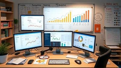 A digital workspace with multiple screens displaying e-commerce analytics, surrounded by product samples, marketing materials, and a creative whiteboard filled with optimization ideas, symbolizing the dynamic and data-driven approach of e-commerce optimization consulting.