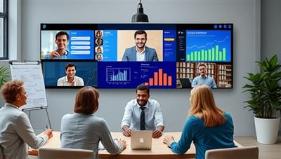 An engaging visual representation of a virtual financial coaching session taking place on the WealthWhisper platform, with a diverse group of clients interacting with their coach through video conferencing, charts, and financial planning tools in the background, conveying professionalism and personalized service.