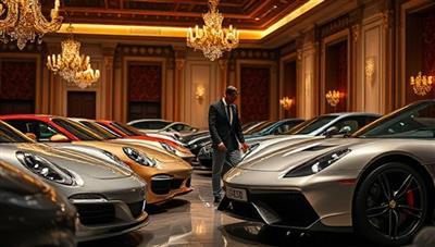 An opulent setting featuring a lineup of rare and luxurious vehicles under soft lighting, with a dedicated concierge assisting a high-profile client in selecting their dream car, surrounded by exquisite detailing and personalized touches, epitomizing the exclusive and tailored services of AutoLux Concierge for elite automotive experiences.