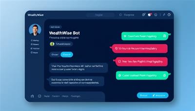 A sleek and futuristic chatbot interface displaying WealthWise Bot providing financial advice and insights to a user, with AI elements, personalized recommendations, and a user-friendly design, symbolizing advanced and accessible financial guidance.